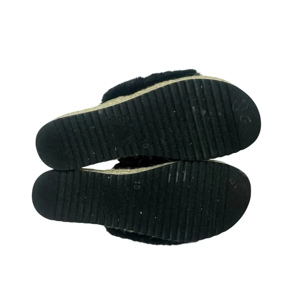 Maui Island Black Faux Fur Platform Wedge Slide Sandals Slippers Cork Footbed 10